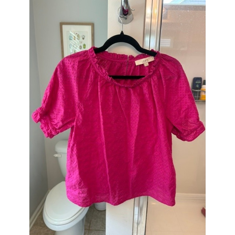 LOFT Pink Eyelet Embroidered Cotton‎ Puff Sleeve Blouse Size Small